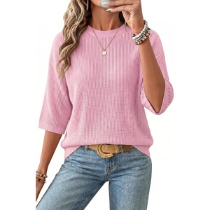 Arach&Cloz Women’s Oversized 3/4 Sleeve Crochet Tops Summer Casual Sweater(Light Pink)