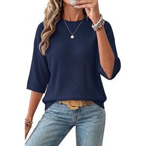 Arach&Cloz Women’s Oversized 3/4 Sleeve Crochet Tops Summer Casual Sweater(Navy)