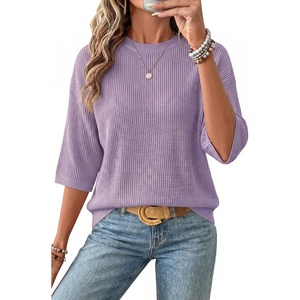 Arach&Cloz Women’s Oversized 3/4 Sleeve Crochet Tops Summer Casual Sweater(Purple)