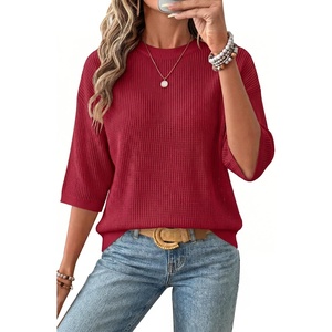 Arach&Cloz Women’s Oversized 3/4 Sleeve Crochet Tops Summer Casual Sweater(Red)