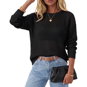 Arach&Cloz Women’s Oversized 3/4 Sleeve Crochet Tops Summer Casual Sweater(Z-black)