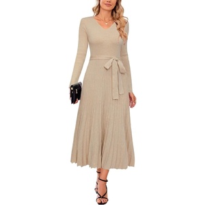Arach&Cloz Women’s Wool Blend Fall Long Sleeve Midi Sweater Dress(Apricot)