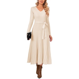 Arach&Cloz Women’s Wool Blend Fall Long Sleeve Midi Sweater Dress(Beige)