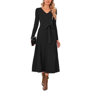Arach&Cloz Women’s Wool Blend Fall Long Sleeve Midi Sweater Dress(Black)