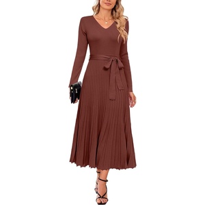 Arach&Cloz Women’s Wool Blend Fall Long Sleeve Midi Sweater Dress(Brown Red)