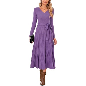 Arach&Cloz Women’s Wool Blend Fall Long Sleeve Midi Sweater Dress(Coral Purple)
