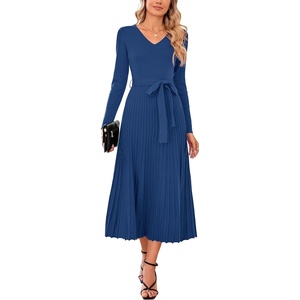 Arach&Cloz Women’s Wool Blend Fall Long Sleeve Midi Sweater Dress(Navy)