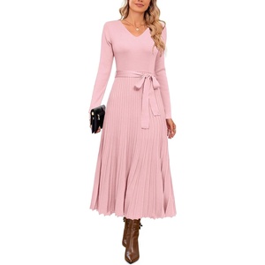 Arach&Cloz Women’s Wool Blend Fall Long Sleeve Midi Sweater Dress(Pink)