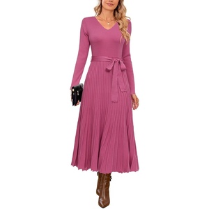 Arach&Cloz Women’s Wool Blend Fall Long Sleeve Midi Sweater Dress(Rose Pink)