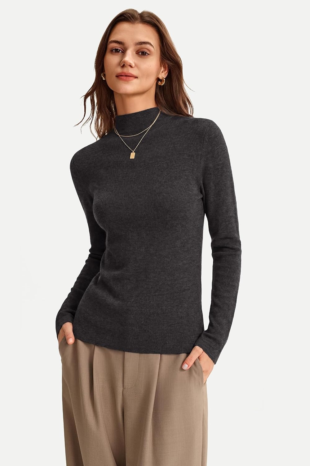 image:imageArachampCloz Womens 100 Merino Wool Long Sleeve Mock Neck Sweater Work FallDark Gray