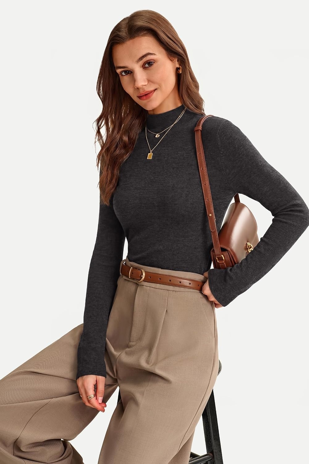 image:imageArachampCloz Womens 100 Merino Wool Long Sleeve Mock Neck Sweater Work FallDark Gray