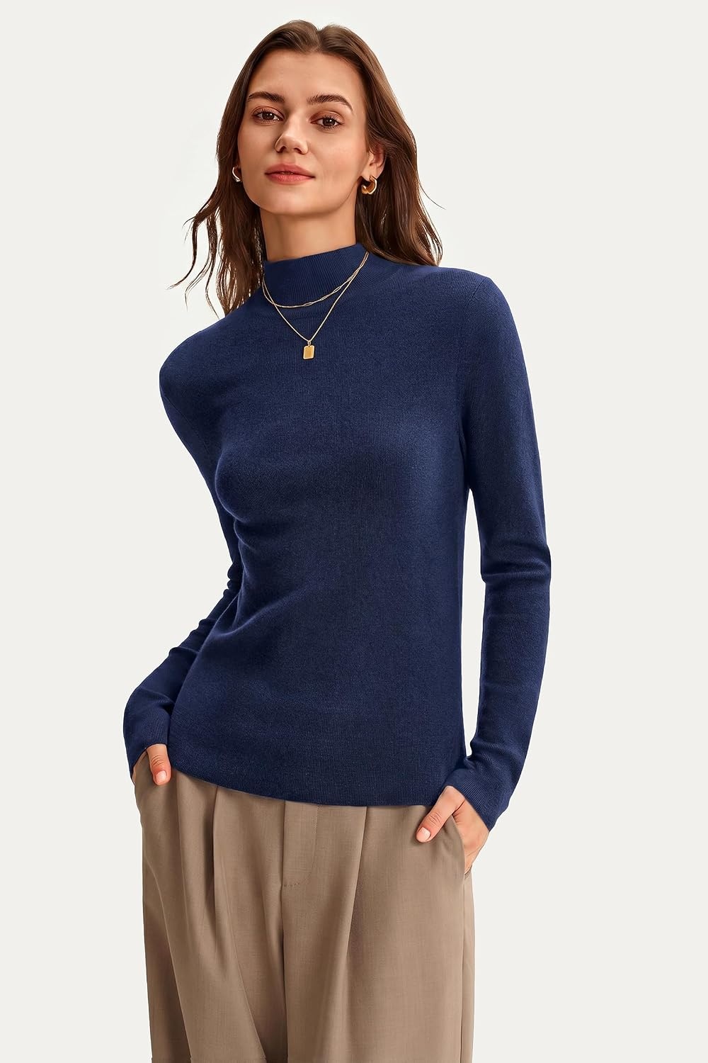 image:imageArachampCloz Womens 100 Merino Wool Long Sleeve Mock Neck Sweater Work FallNavy Blue