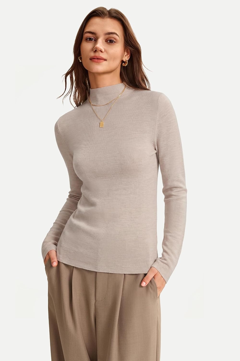 image:imageArachampCloz Womens 100 Merino Wool Long Sleeve Mock Neck Sweater Work FallOatmeal