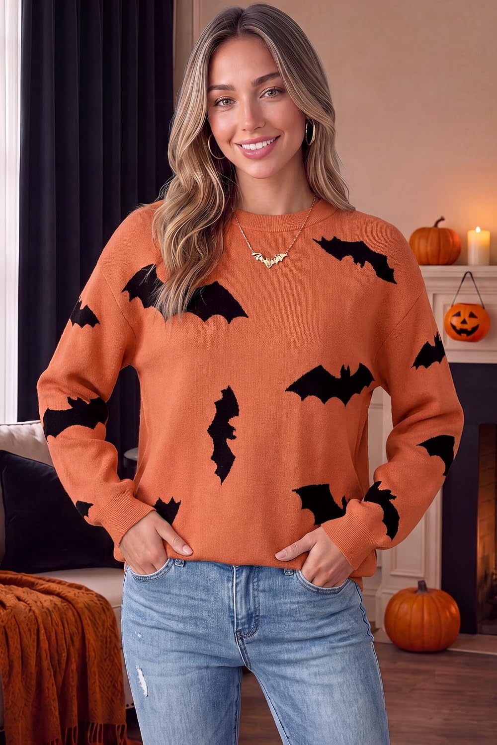 image:imageArachampCloz Womens Relaxed Fit Sweaters Spring Fall Casual Cozy Tops 2026Bat Orange Black