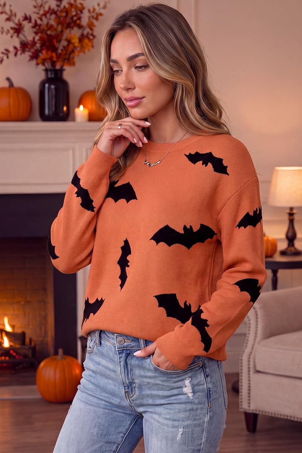 image:imageArachampCloz Womens Relaxed Fit Sweaters Spring Fall Casual Cozy Tops 2026Bat Orange Black