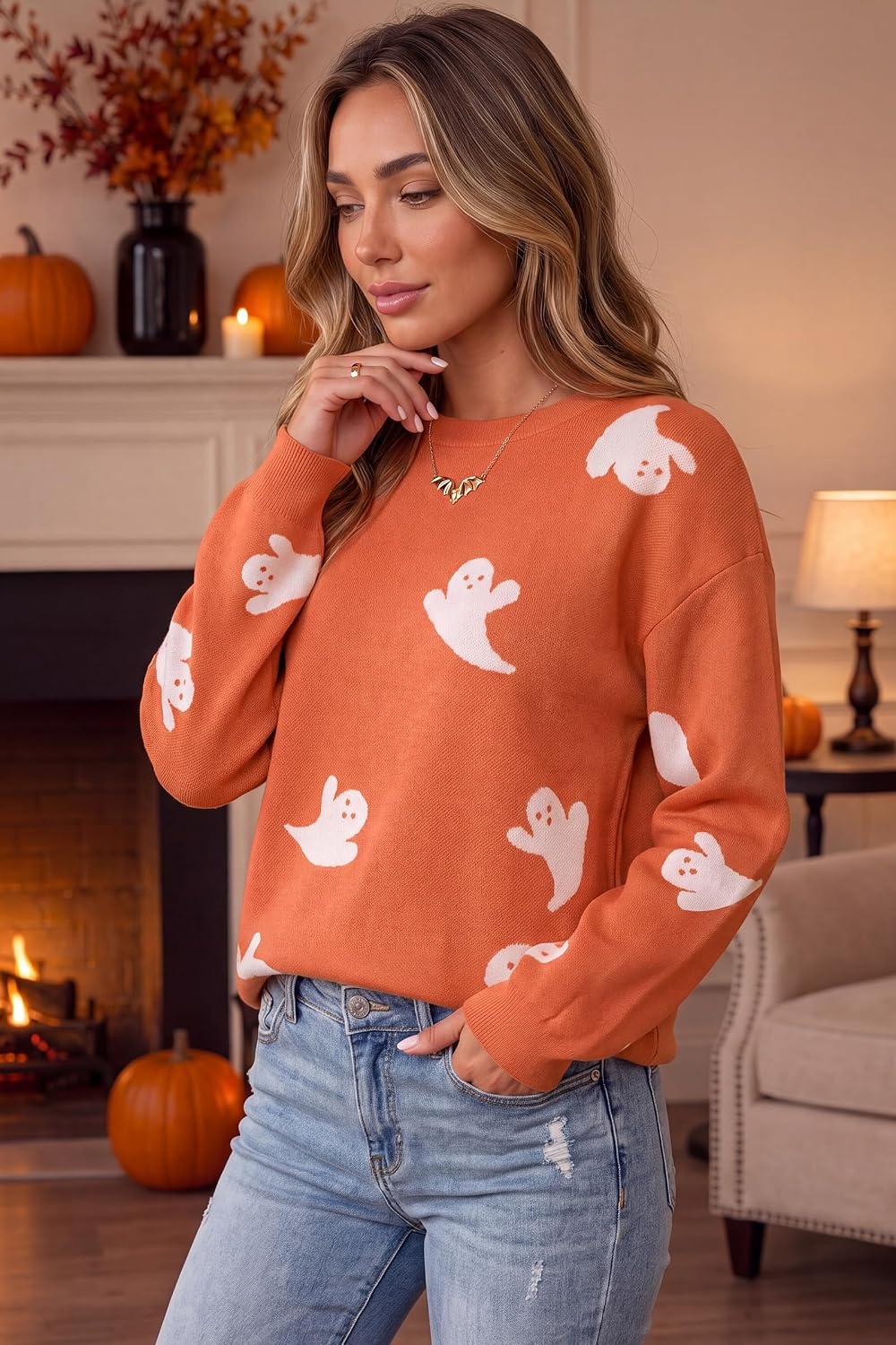 image:imageArachampCloz Womens Relaxed Fit Sweaters Spring Fall Casual Cozy Tops 2026Ghost Orange White