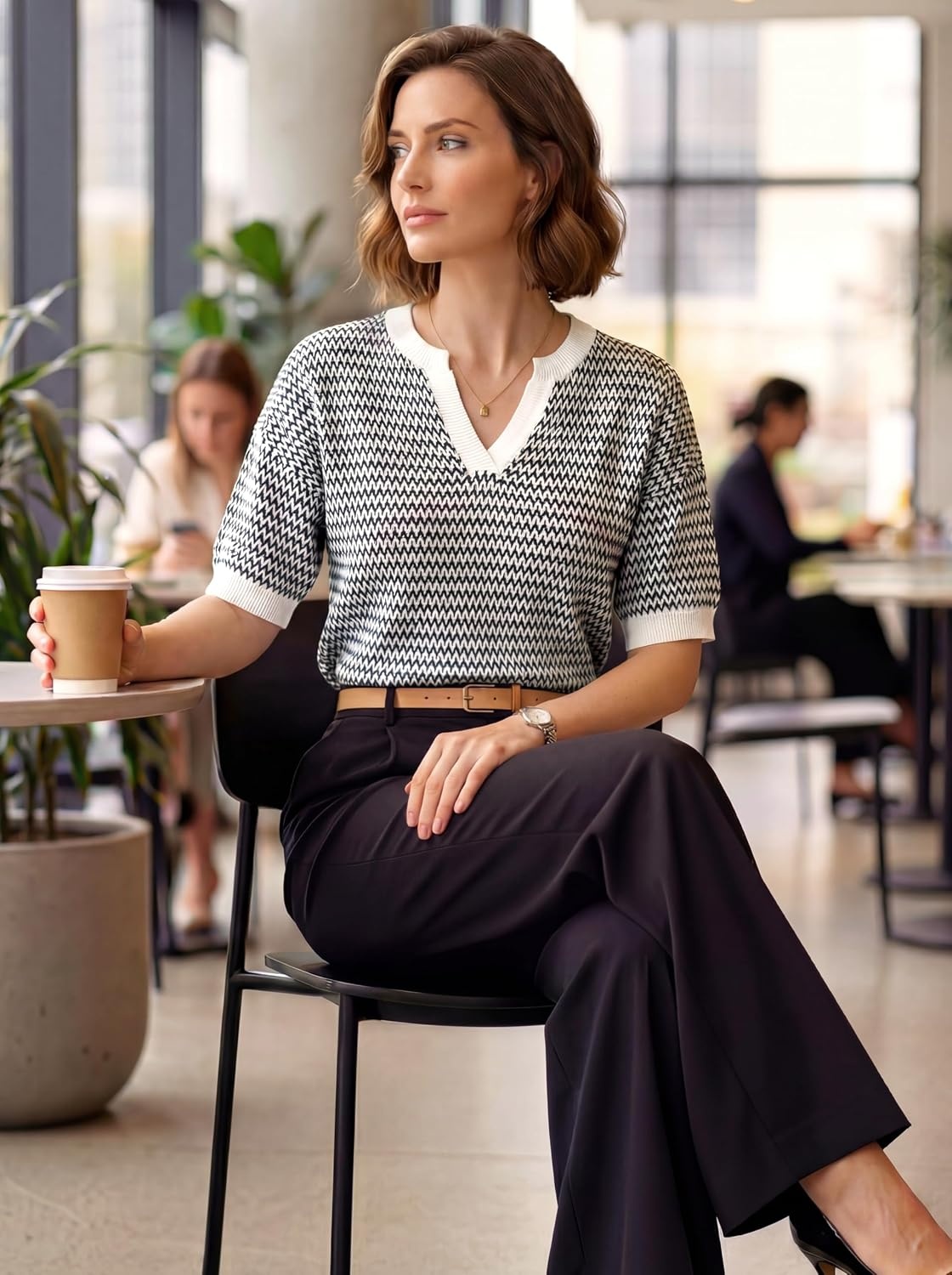 image:imageArachampCloz Womens Striped Short Sleeve Sweater Work Casual Fashion TrendyBlack