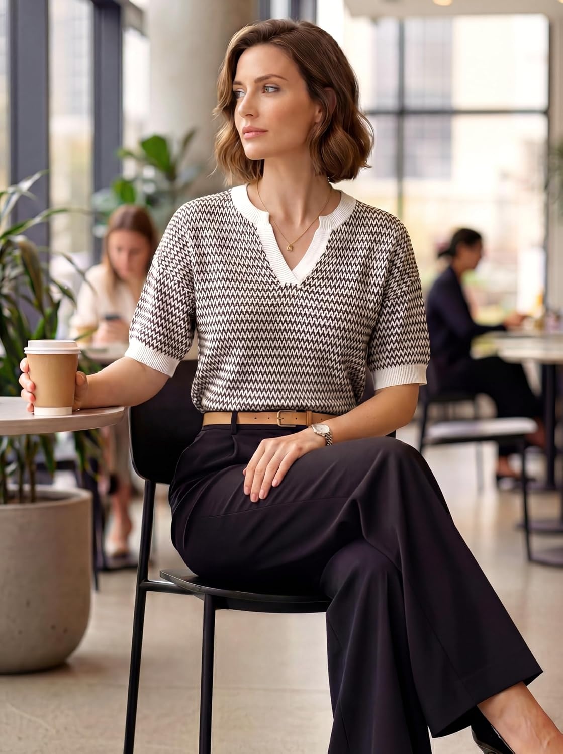 image:imageArachampCloz Womens Striped Short Sleeve Sweater Work Casual Fashion TrendyBrown