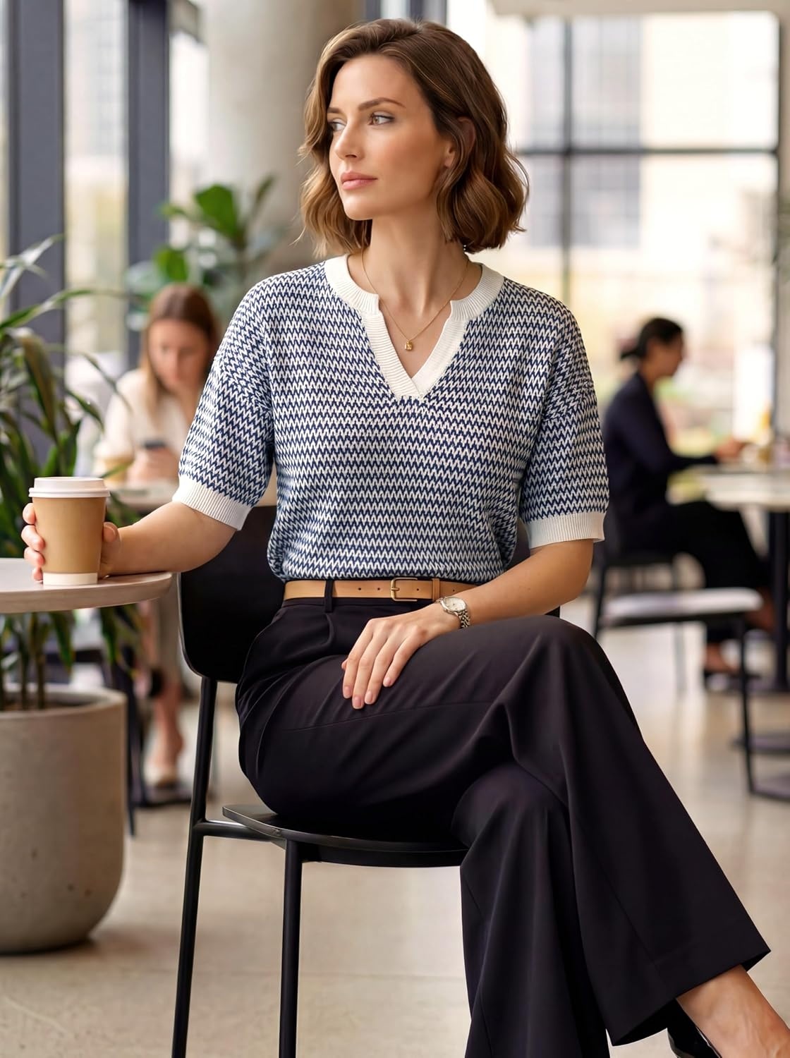 image:imageArachampCloz Womens Striped Short Sleeve Sweater Work Casual Fashion TrendyNavy