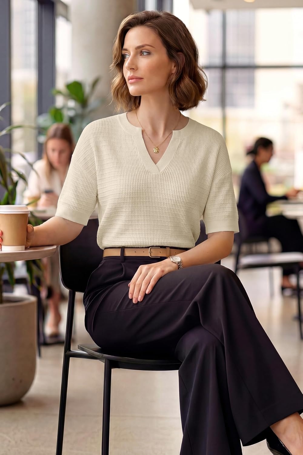 image:imageArachampCloz Womens Striped Short Sleeve Sweater Work Casual Fashion TrendySolid Beige