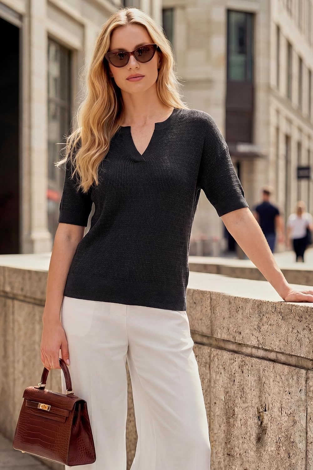 image:imageArachampCloz Womens Striped Short Sleeve Sweater Work Casual Fashion TrendySolid Black
