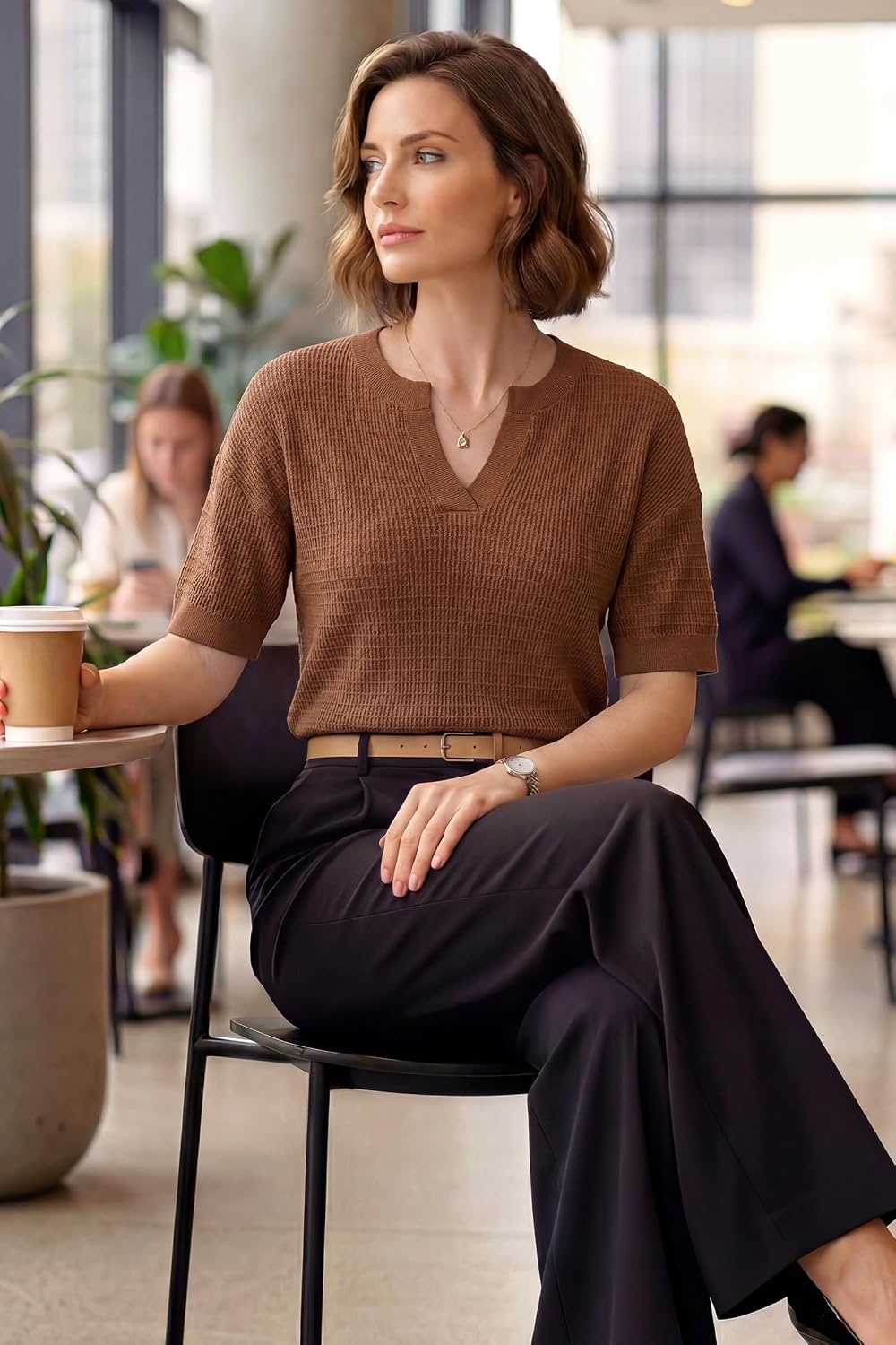 image:imageArachampCloz Womens Striped Short Sleeve Sweater Work Casual Fashion TrendySolid Brown