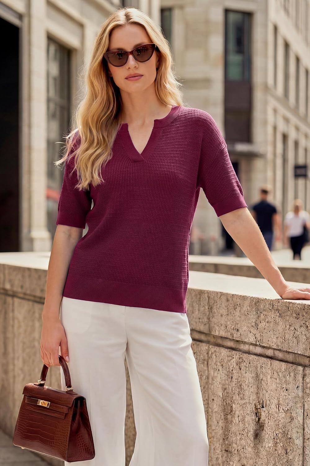 image:imageArachampCloz Womens Striped Short Sleeve Sweater Work Casual Fashion TrendySolid Burgundy