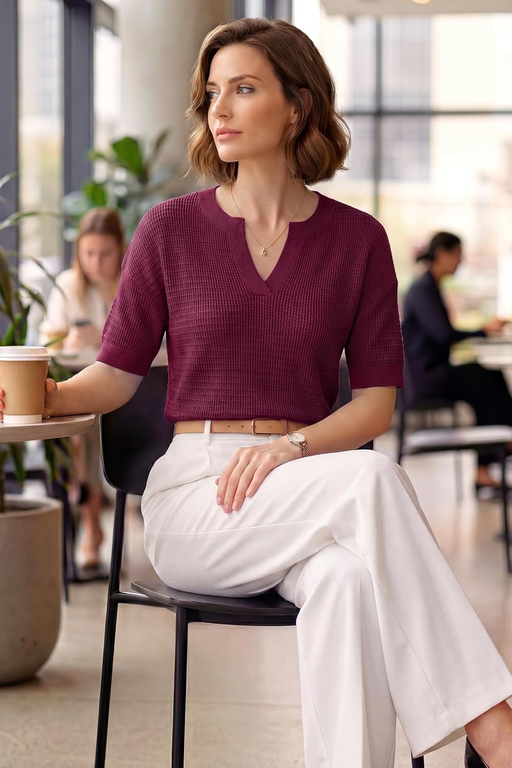 image:imageArachampCloz Womens Striped Short Sleeve Sweater Work Casual Fashion TrendySolid Burgundy