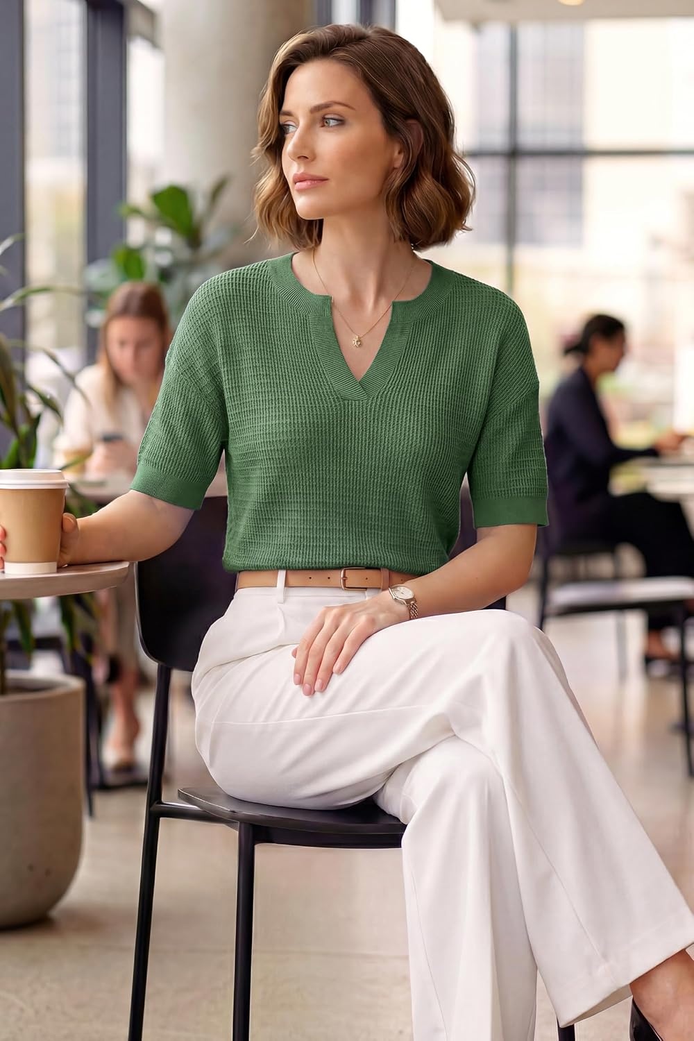 image:imageArachampCloz Womens Striped Short Sleeve Sweater Work Casual Fashion TrendySolid Green