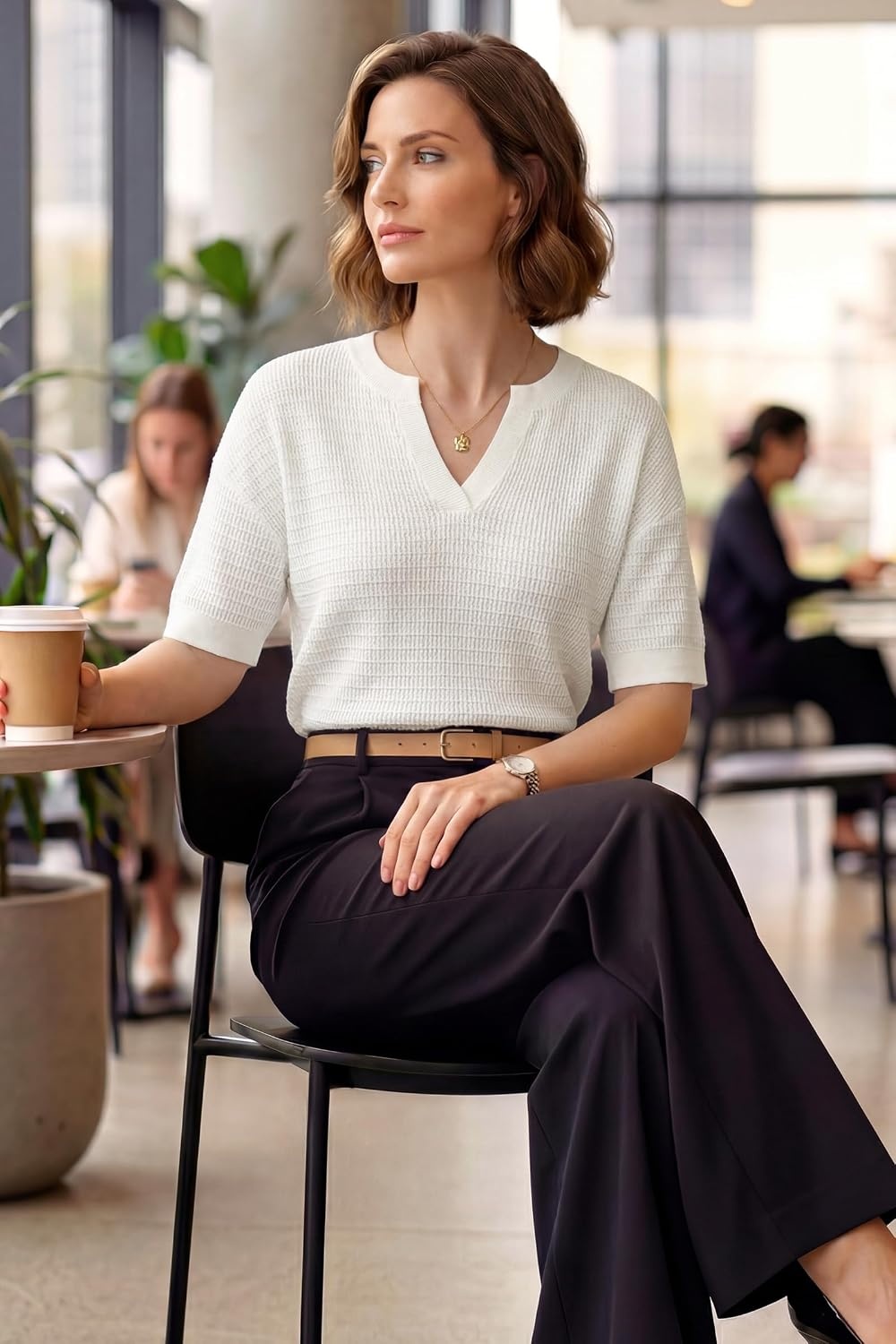 image:imageArachampCloz Womens Striped Short Sleeve Sweater Work Casual Fashion TrendySolid White