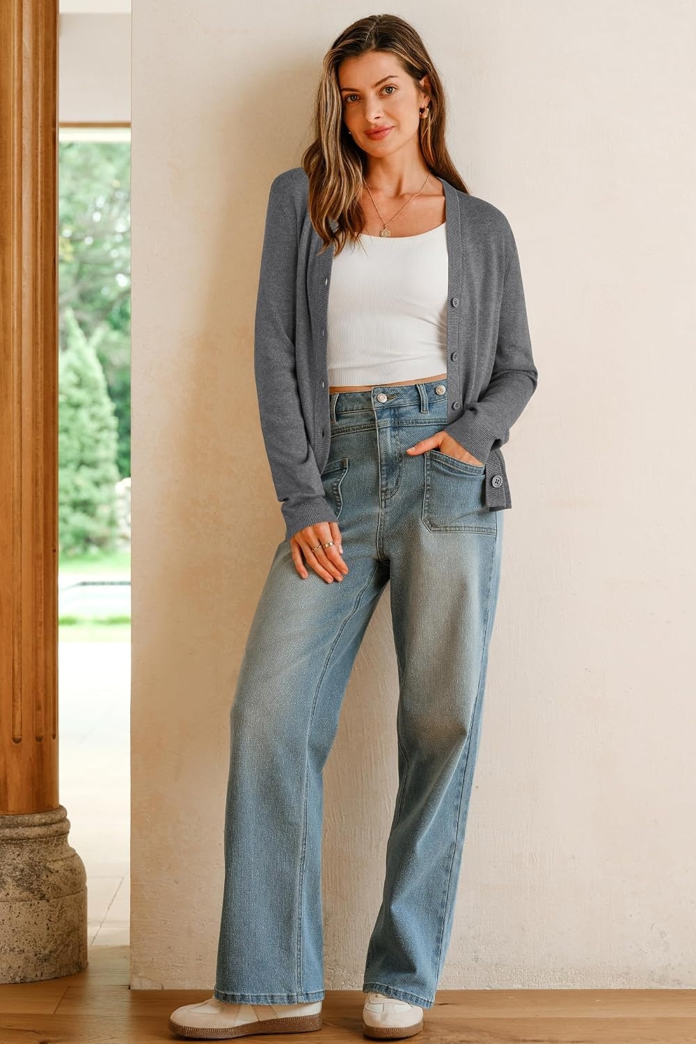 image:imageArachampCloz Womens Wool Blend Business Casual Fall Cardigan Sweaters TopsDark Gray