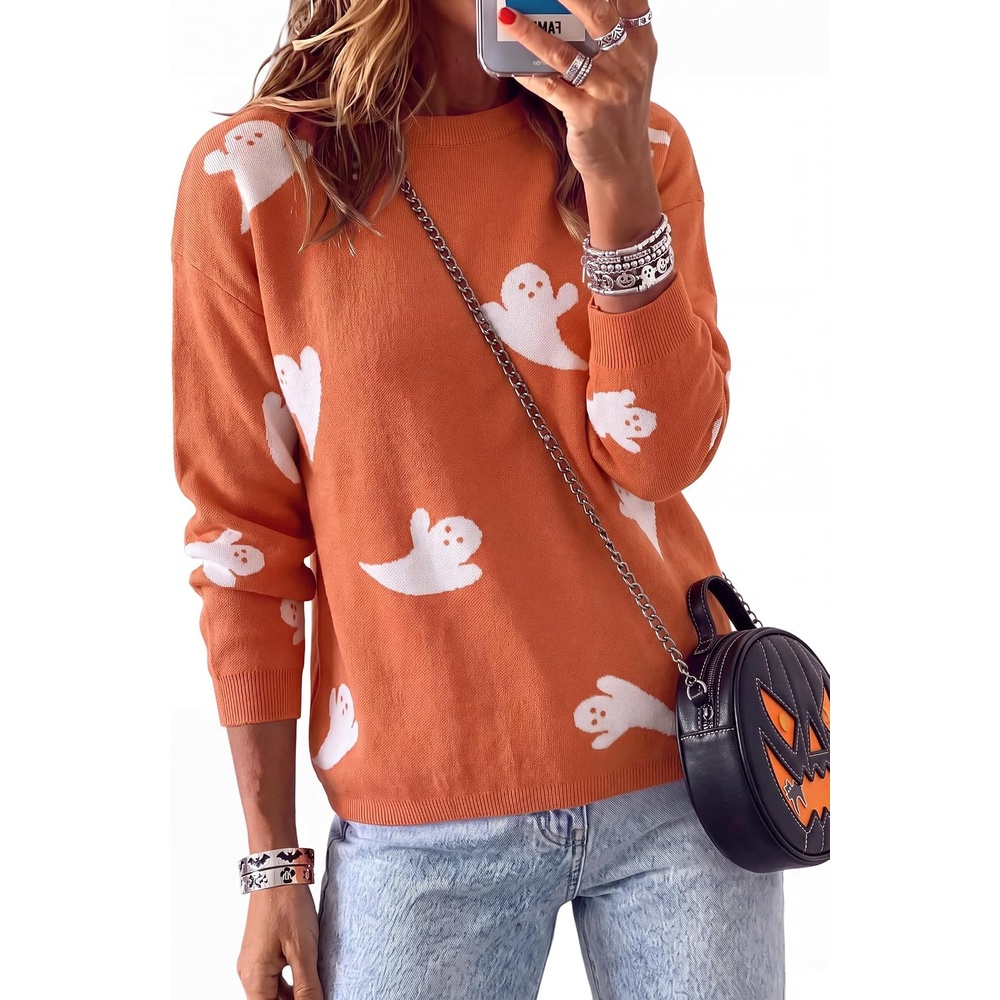image:imageArachampCloz Womens Relaxed Fit Sweaters Spring Fall Casual Cozy Tops 2026Ghost Orange White