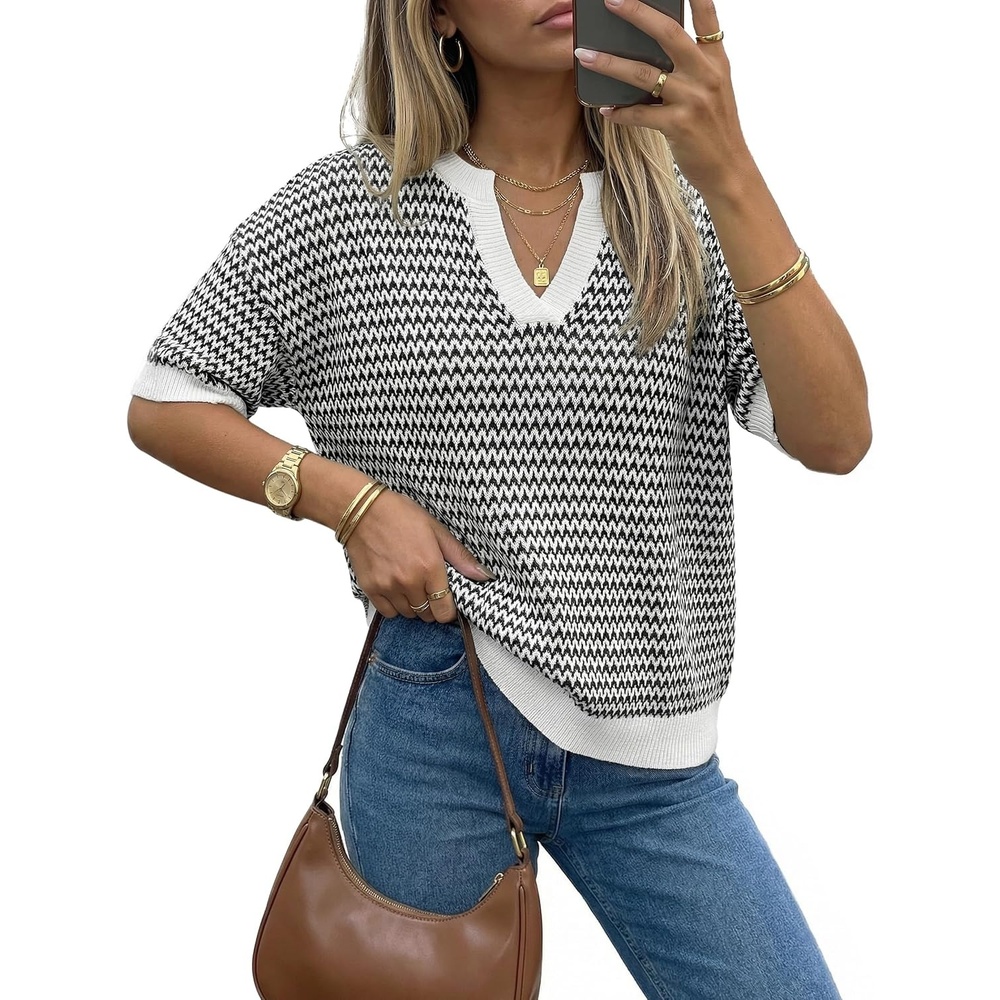 image:imageArachampCloz Womens Striped Short Sleeve Sweater Work Casual Fashion TrendyBlack