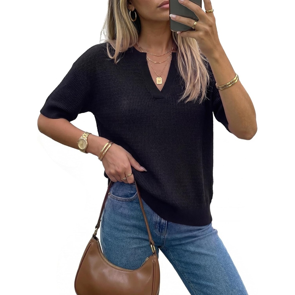 image:imageArachampCloz Womens Striped Short Sleeve Sweater Work Casual Fashion TrendySolid Black
