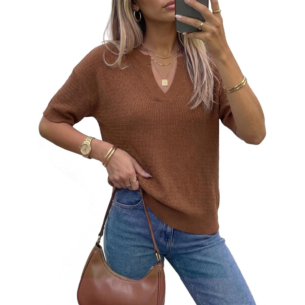image:imageArachampCloz Womens Striped Short Sleeve Sweater Work Casual Fashion TrendySolid Brown