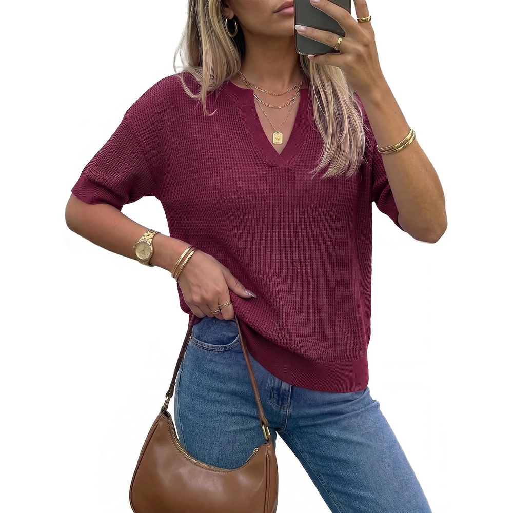 image:imageArachampCloz Womens Striped Short Sleeve Sweater Work Casual Fashion TrendySolid Burgundy