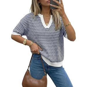 Arach&Cloz Women’s Striped Short Sleeve Sweater Work Casual Fashion Trendy(Navy)