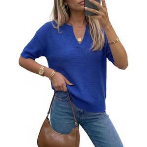 Arach&Cloz Women’s Striped Short Sleeve Sweater Work Casual Fashion Trendy(Royal Blue)