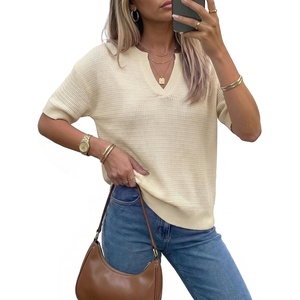 Arach&Cloz Women’s Striped Short Sleeve Sweater Work Casual Fashion Trendy(Solid Beige)