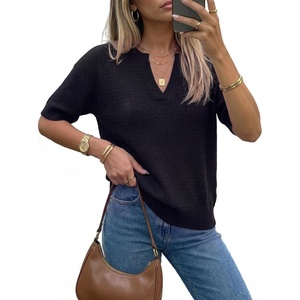 Arach&Cloz Women’s Striped Short Sleeve Sweater Work Casual Fashion Trendy(Solid Black)