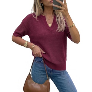 Arach&Cloz Women’s Striped Short Sleeve Sweater Work Casual Fashion Trendy(Solid Burgundy)