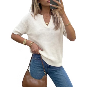 Arach&Cloz Women’s Striped Short Sleeve Sweater Work Casual Fashion Trendy(Solid White)