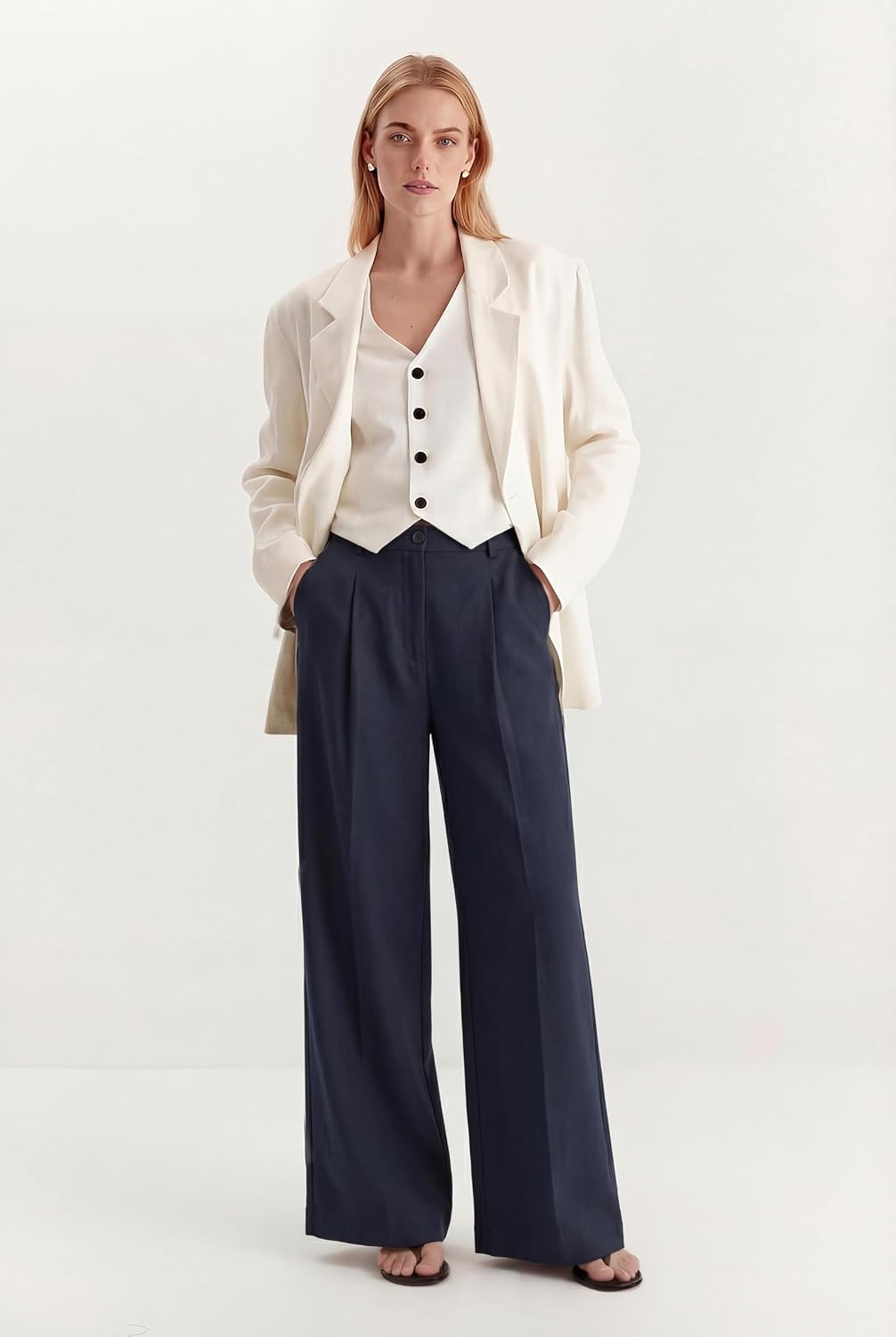 image:imageArachampCloz Womens Linen Wide Leg Work Dress Pants Business Casual OutfitsNavy