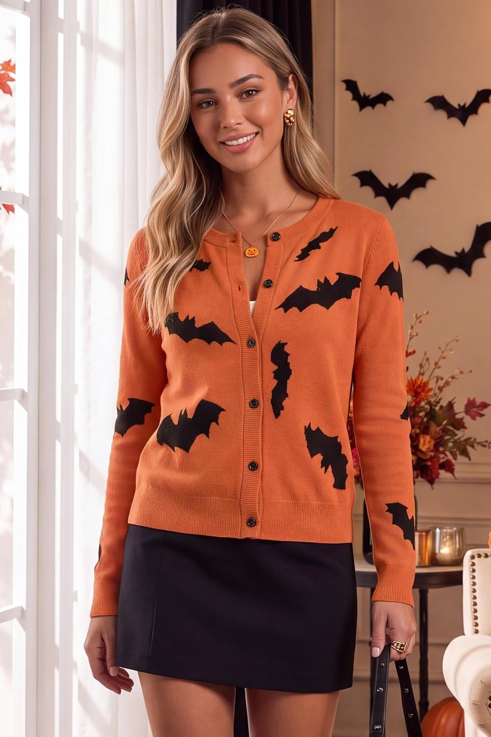 image:imageArachampCloz Womens Wool Blend Business Casual Fall Cardigan Sweaters TopsBat Halloween Orange