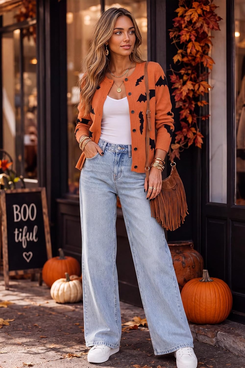 image:imageArachampCloz Womens Wool Blend Business Casual Fall Cardigan Sweaters TopsBat Halloween Orange