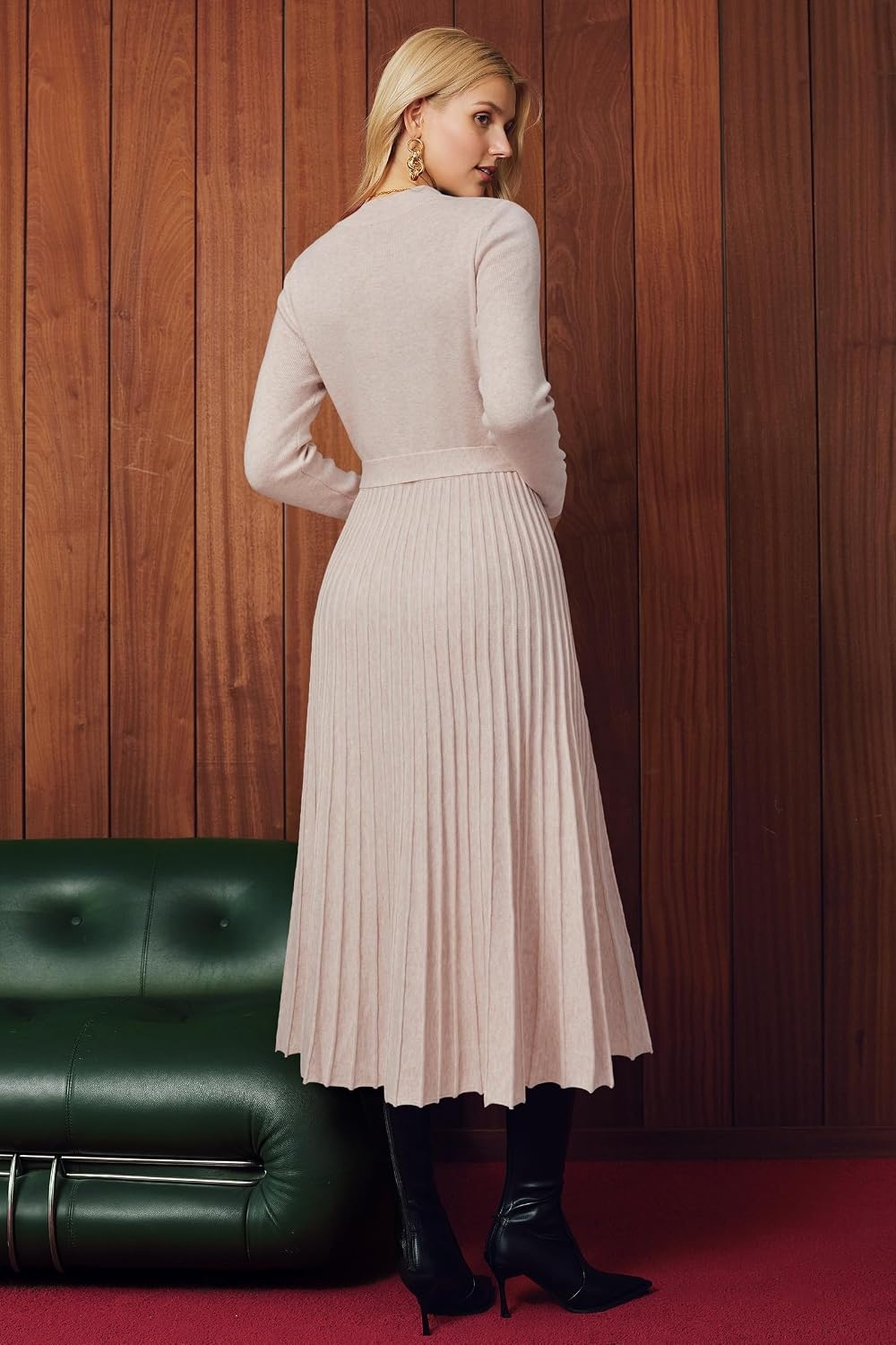 image:imageArachampCloz Womens Wool Blend Mock Neck Fall Business Pleated Sweater DressApricot