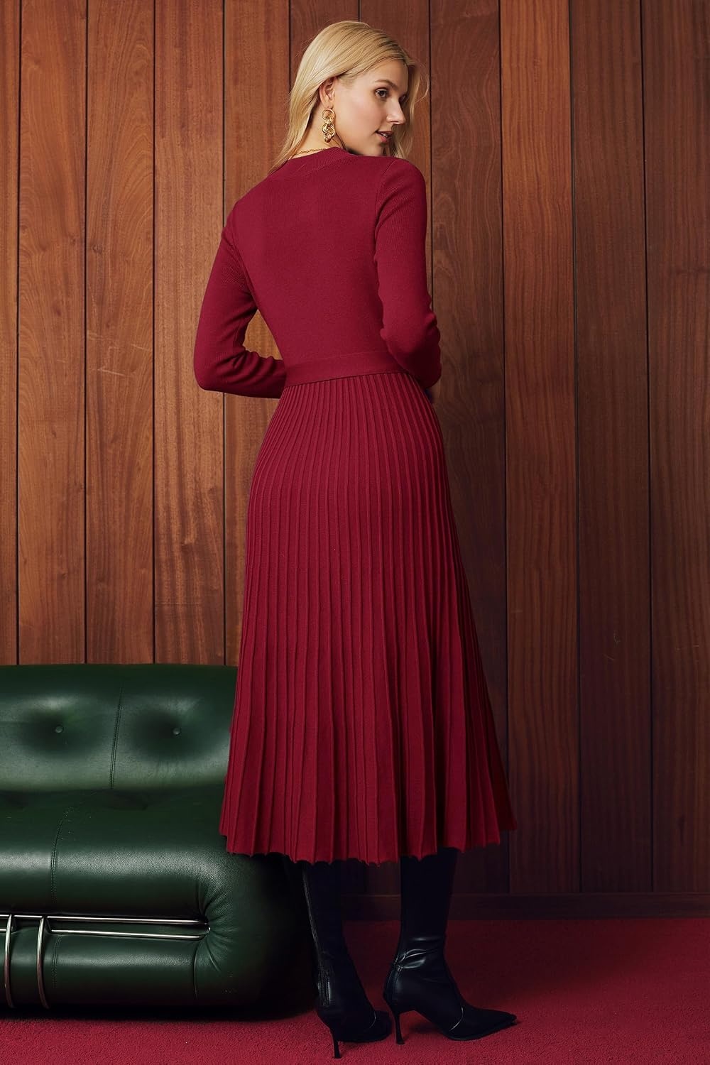 image:imageArachampCloz Womens Wool Blend Mock Neck Fall Business Pleated Sweater DressBurgundy