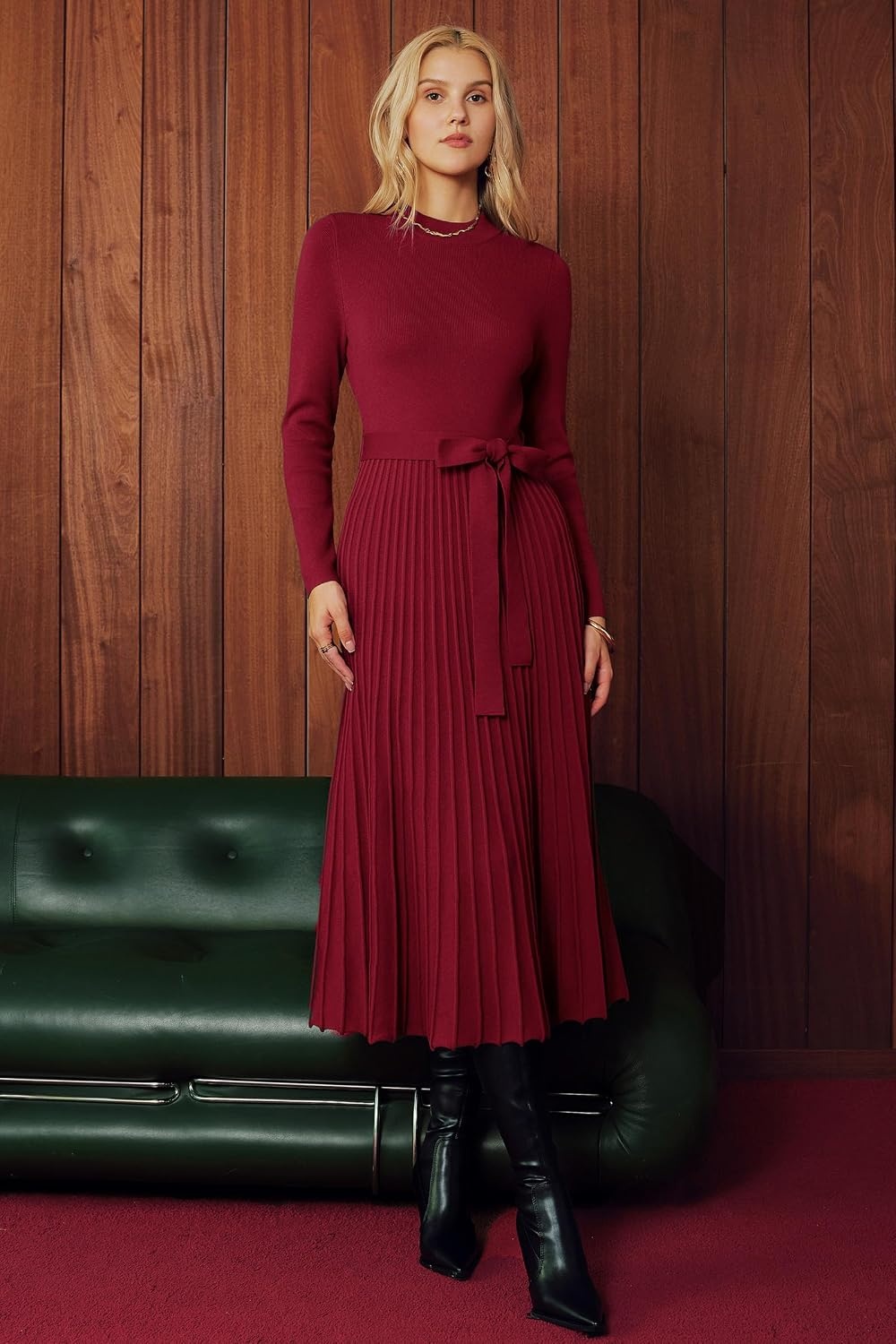 image:imageArachampCloz Womens Wool Blend Mock Neck Fall Business Pleated Sweater DressBurgundy