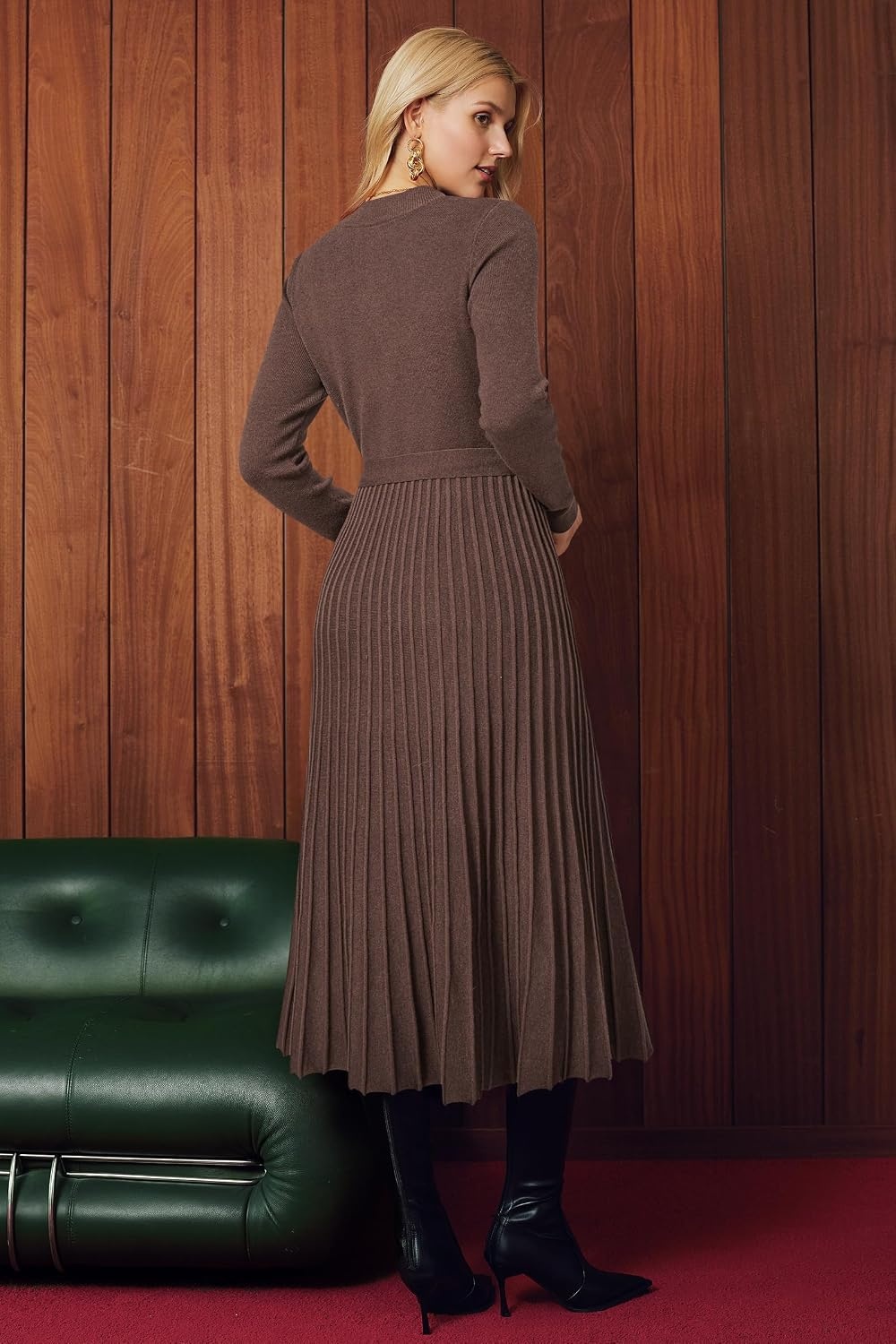 image:imageArachampCloz Womens Wool Blend Mock Neck Fall Business Pleated Sweater DressCoffee