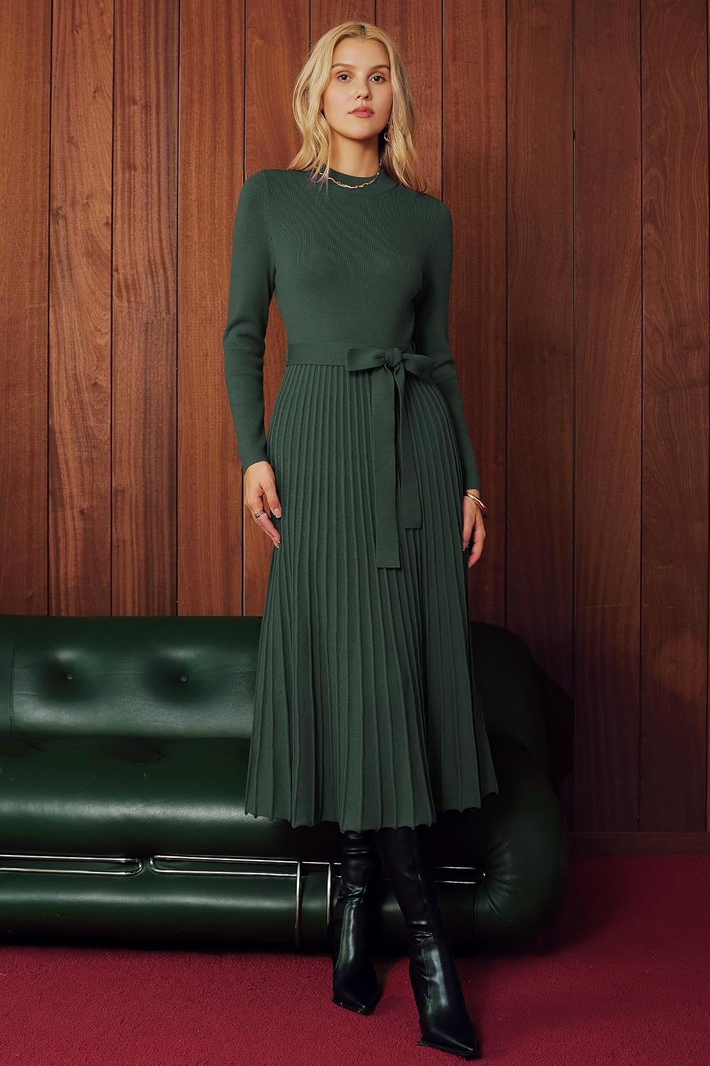 image:imageArachampCloz Womens Wool Blend Mock Neck Fall Business Pleated Sweater DressGreen